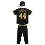 Back view of the Fastball Pro black and gold custom baseball kit featuring personalized player name Torres and number 44