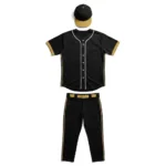 Flat lay of the Fastball Pro black custom button-down jersey, matching pants with gold side piping, and cap kit setup