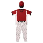 Flat lay of the Fastball Pro red custom v-neck jersey, white pinstripe pants, and red cap kit setup