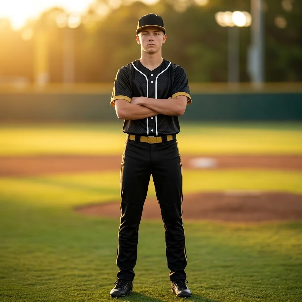 fastball-pro-custom-baseball-uniform-black-gold-player-field-front Young baseball player wearing the Fastball Pro black and gold custom baseball kit posing on a baseball field during sunset
