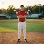 Player wearing the Fastball Pro red and white custom baseball uniform with pinstripe pants standing on a baseball field