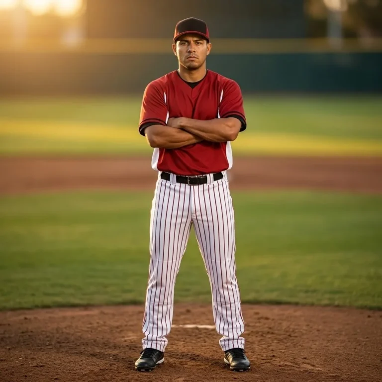 Baseball player wearing the Fastball Pro red jersey and white pinstripe uniform posing on the pitcher's mound