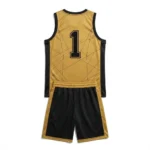 Back view of the Gold Rush custom basketball jersey with number 1 printed in black and matching black shorts with gold trim