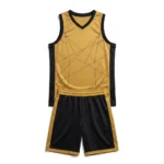 Front flat lay view of the Gold Rush custom gold and black basketball jersey and matching shorts set with modern line patterns