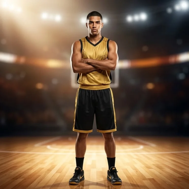 Male athlete wearing the Gold Rush custom gold and black basketball uniform kit on an indoor basketball court
