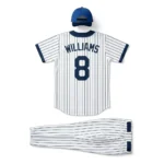 Back view of a white and blue pinstripe baseball jersey printed with the name Williams and number 8
