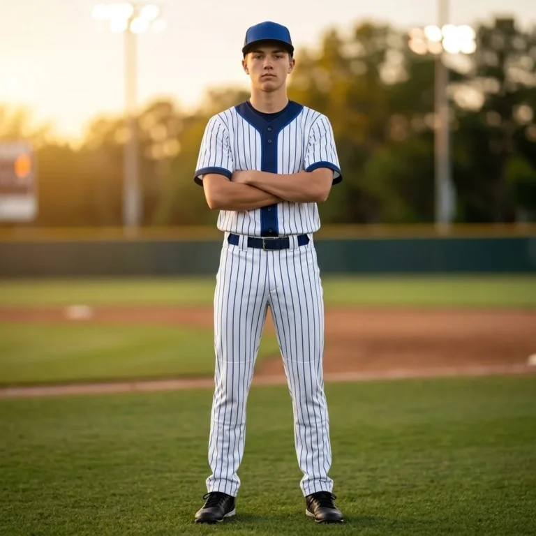 On-field front view of a player wearing a Kitora Sports blue and white pinstripe baseball uniform with arms crossed
