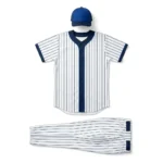 Flat lay layout of a blue and white pinstripe baseball uniform including a button-down jersey, pants, and cap