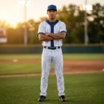 Standing adult player wearing a blue and white pinstripe baseball uniform with a navy blue placket on a field