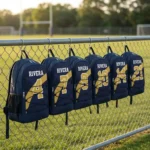 Kitora Icon Backpack squad set - six team backpacks with individual player numbers hanging on a sideline fence