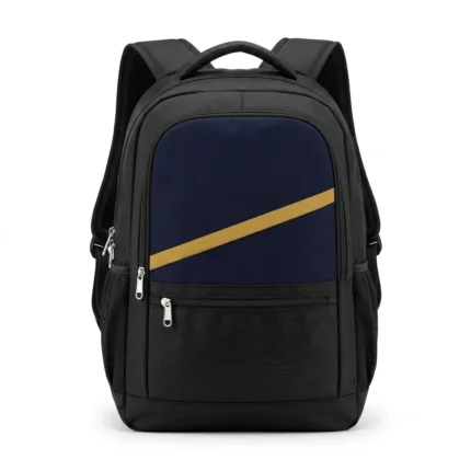 kitora pro team backpack — 30L black backpack three-quarter angle showing side bottle pocket