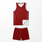 Red custom dual reversible basketball uniform kit with white trim showing reversible interior jersey flap