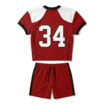 Back view flat lay of the Blaze Storm red custom football jersey featuring white number 34 and matching red drawstring shorts.