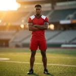 Athlete standing on a football field at sunset wearing the Blaze Storm red uniform jersey and athletic shorts with white shoulder inserts.