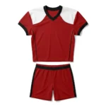 Flat lay front view of the Blaze Storm red custom football jersey featuring white shoulder panels, black trim, and matching red athletic shorts.