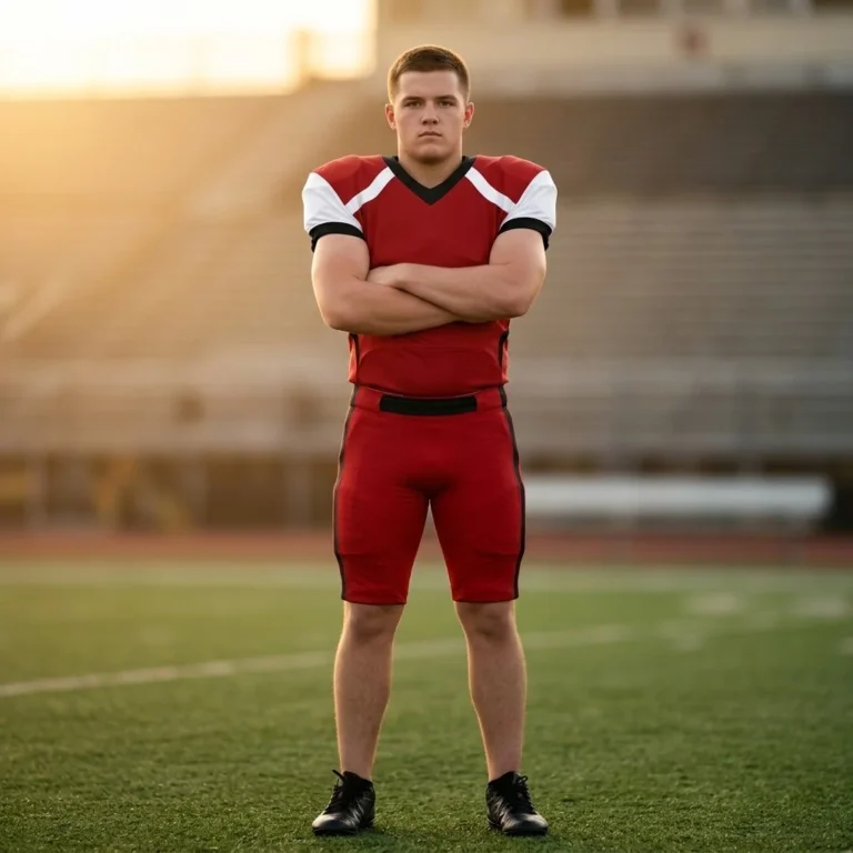 Football player standing on the field wearing the padded Blaze Storm red and white custom football jersey and matching game pants.