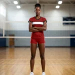 Female volleyball player standing on the court wearing the Court Blaze red and black short-sleeve jersey with matching red shorts