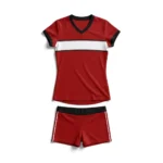 Flat lay front view of the Court Blaze red custom volleyball jersey with a white chest band, black collar trim, and matching spandex shorts