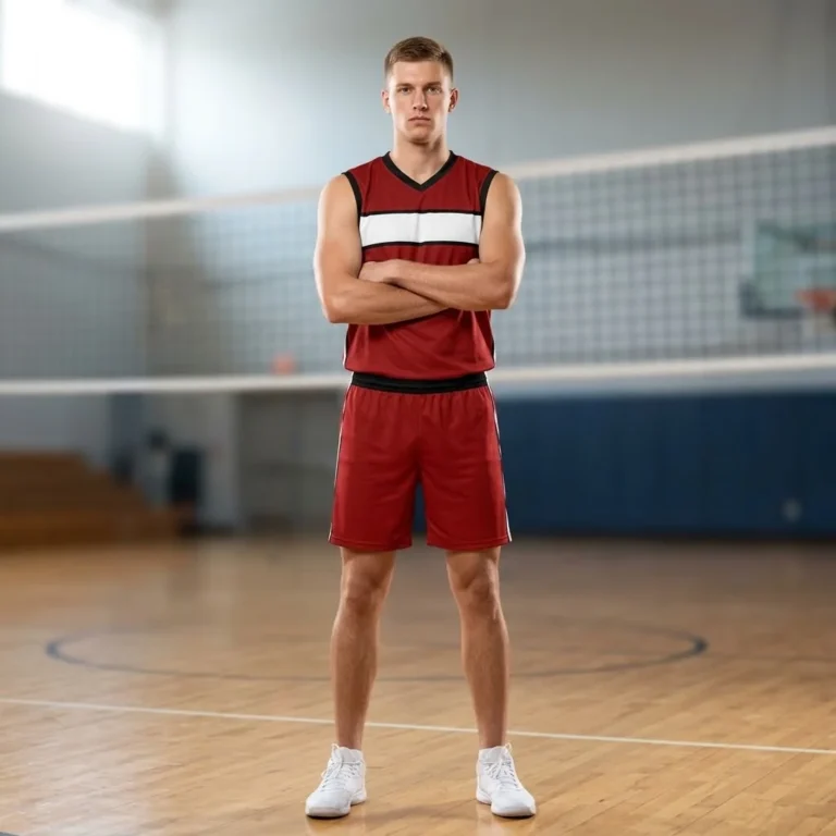 Male athlete standing in a gymnasium wearing the sleeveless Court Blaze red volleyball jersey with a white chest stripe and matching shorts