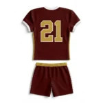 Back view flat lay of the Iron Shield maroon custom football jersey featuring gold number 21 with white outline and matching maroon shorts