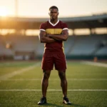 Athlete standing on a football field at sunset wearing the Iron Shield maroon custom uniform jersey with a gold chest stripe and matching shorts