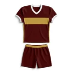 Flat lay front view of the Iron Shield maroon custom football jersey featuring a horizontal gold chest stripe, white v-neck trim, and matching maroon shorts