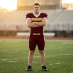 Football player standing on the field wearing the padded Iron Shield maroon and gold custom football jersey and matching game pants