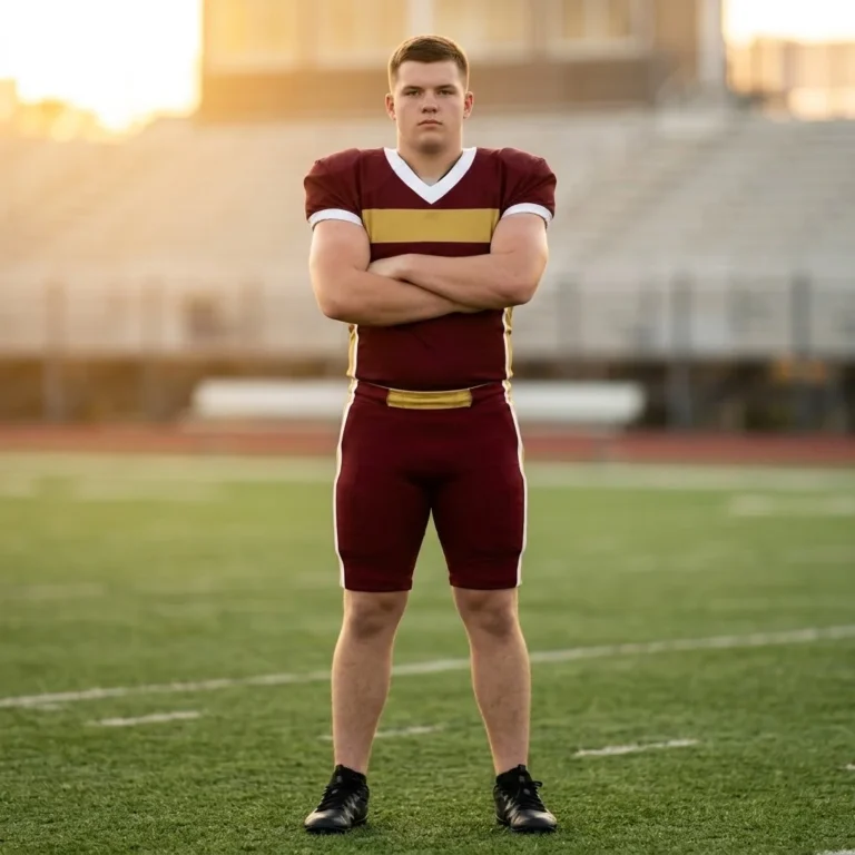 Football player standing on the field wearing the padded Iron Shield maroon and gold custom football jersey and matching game pants