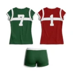 Back view flat lay of the Libero Pro volleyball set featuring green jersey number 7, red libero jersey number 1, and green shorts