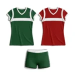 Flat lay front view of the Libero Pro green team jersey, contrasting red libero jersey, and matching green compression shorts