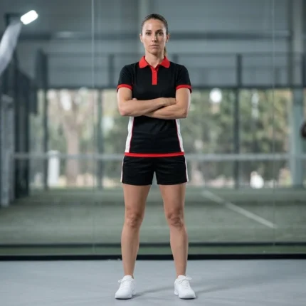 Female athlete posing on an indoor padel court wearing the Match Point black polo shirt and shorts set with red and white accents