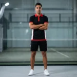 Male athlete standing on an indoor padel court wearing the Match Point black polo shirt with red collar and matching black shorts