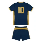 Back view flat lay of the Net Dominator navy custom volleyball jersey featuring gold number 10 and matching navy shorts with a gold waistband