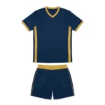 Flat lay front view of the Net Dominator navy custom volleyball jersey with gold collar trim, side panels, and matching athletic shorts