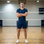 Male volleyball player standing on the court in front of the net wearing the Net Dominator navy and gold custom uniform jersey and shorts