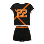 Back view flat lay of the Night Hawk black custom football jersey featuring orange number 22 with white outline and matching shorts