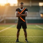 Athlete standing on an open football field at sunset wearing the Night Hawk black and orange custom football kit