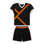 Flat lay front view of the Night Hawk black custom football jersey featuring diagonal orange cross stripes, white collar trim, and matching black athletic shorts
