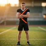 Football player standing on a stadium field wearing the Night Hawk black and orange custom uniform jersey with matching shorts