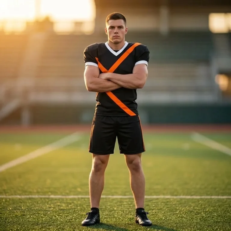 Football player standing on a stadium field wearing the Night Hawk black and orange custom uniform jersey with matching shorts