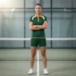 Female athlete posing on an indoor padel court wearing the Pared Elite green polo shirt and shorts set with gold accents