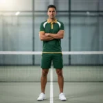 Male athlete standing on an indoor padel court wearing the Pared Elite green polo shirt with gold collar and matching shorts