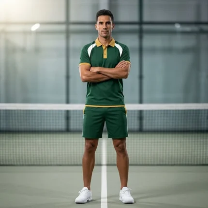 Male athlete standing on an indoor padel court wearing the Pared Elite green polo shirt with gold collar and matching shorts