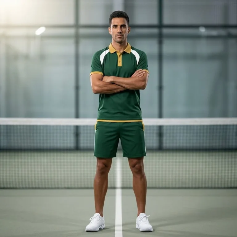 Male athlete standing on an indoor padel court wearing the Pared Elite green polo shirt with gold collar and matching shorts