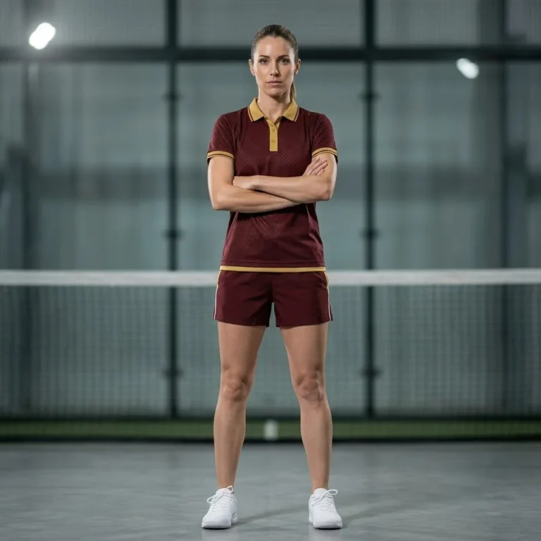 Female athlete standing on an indoor padel court wearing the Raqueta Real burgundy polo shirt and matching shorts with gold accents
