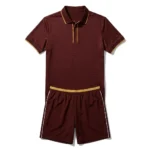 Flat lay front view of the Raqueta Real burgundy custom padel polo shirt with gold collar trim and matching athletic shorts
