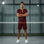 Male athlete standing on an indoor padel court wearing the Raqueta Real burgundy polo shirt and matching shorts with gold trim