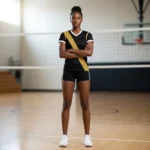 Female volleyball player standing on the court wearing the Smash Elite black and gold custom uniform with compression shorts