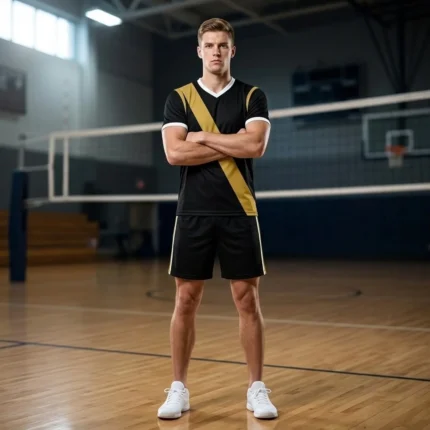 Male athlete standing on an indoor volleyball court wearing the Smash Elite black jersey with diagonal gold sash and athletic shorts
