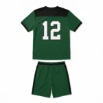 Back view flat lay of the Thunder Strike green custom flag football jersey featuring white number 12 and matching green shorts with black side stripes